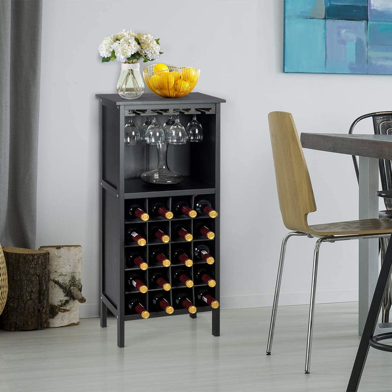 Wijnkast voor 20 flessen, wijn fles organisator opslag plank weergeven houten wijnrek met glas hanger en fles houder (Zwart)
