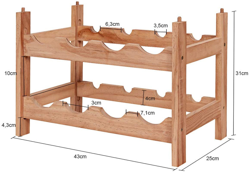 Houten Wijnrek, 2-lagen 8 flessen wijnfles houder, 100% grenen hout, golf ontwerp, glad oppervlak, stapelbare aanrecht wijn organisator voor keuken, cafe, bar, eetkamer (8-flessen)