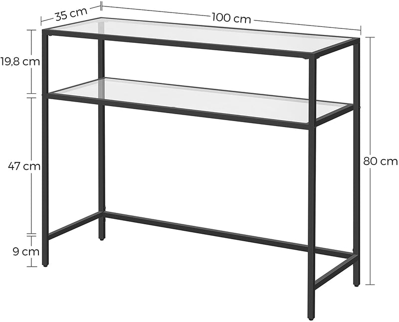 Consoletafel, bijzettafel met 2 planken, gehard glas, opbergplank, metalen frame, verstelbare poten, voor woonkamer, hal, zwart LGT025B01