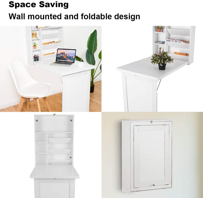 Muur gemonteerde tafel, uitklapbare multifunctionele computer bureau, converteerbare bureau schrijftafel thuiskantoor hout converteerbare bureautafel, grote opslagruimte (Wit)