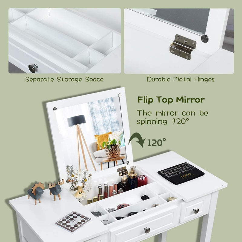 Kaptafel set met opklapbare bovenkant spiegel, 3 laden en een groot tafelblad, kaptafel set met gewatteerde kruk, ideaal voor slaapkamer, woonkamer, kleedkamer, badkamer, eenvoudige montage