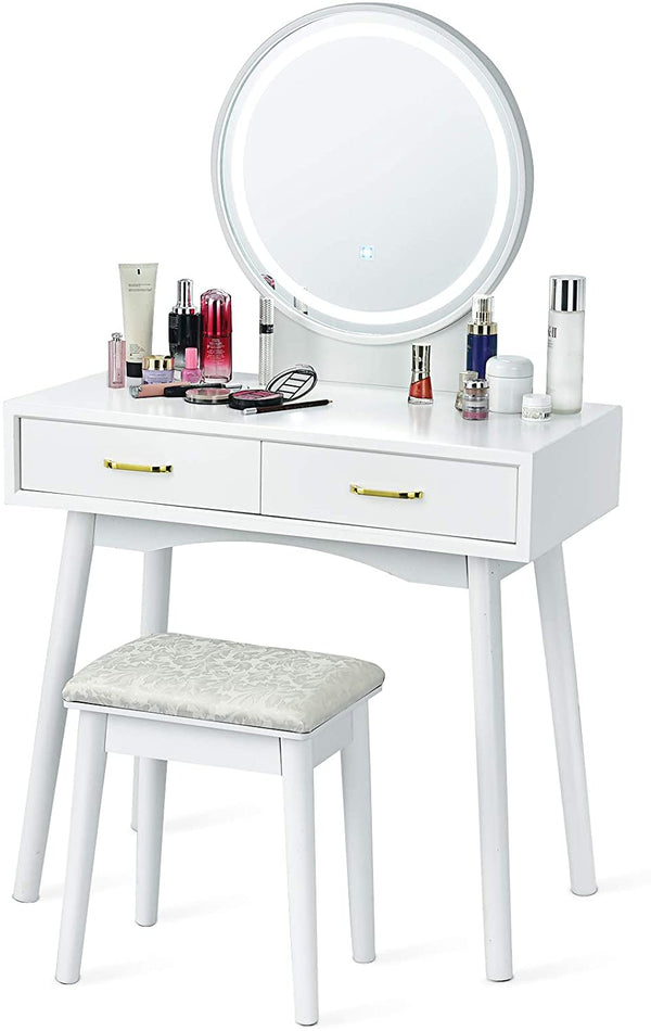 Kaptafel met ronde spiegel en verlichting in 3 lichte kleuren, make up tafel met zachte kruk, twee opbergladen, rubberen houten make-up tafel en krukpoot, geschenk voor vrouwen