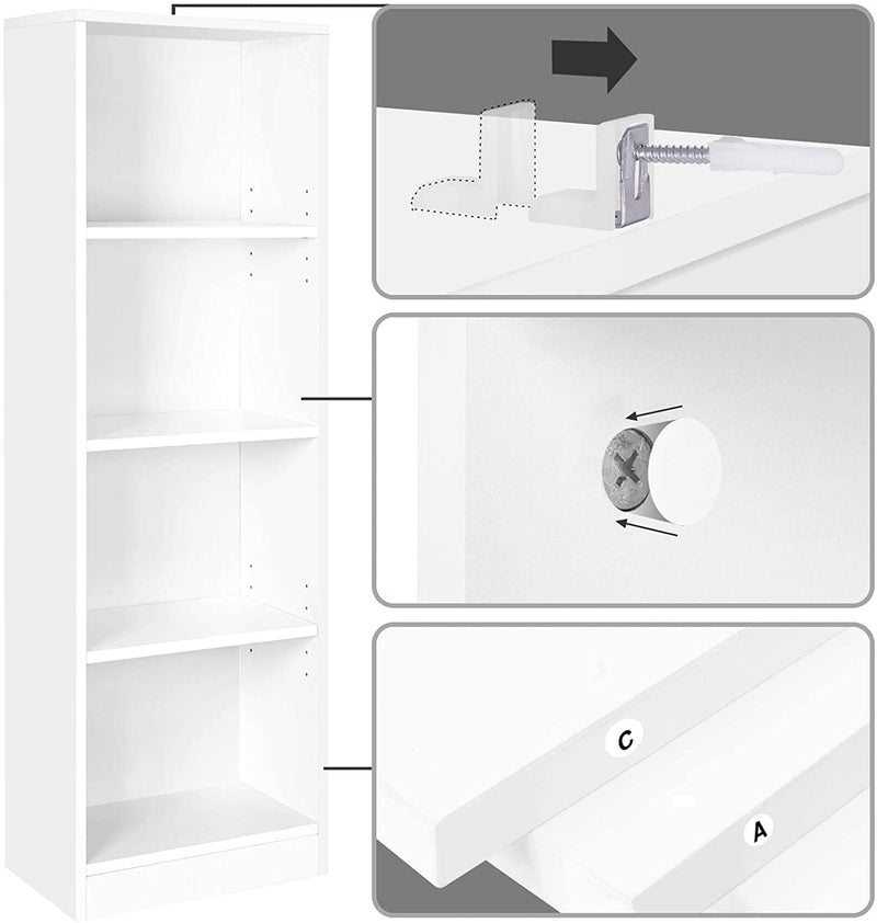 Boekenkast, staand, met 4 vakken, in hoogte verstelbare planken,  40 x 24 x 121,5 cm, wit