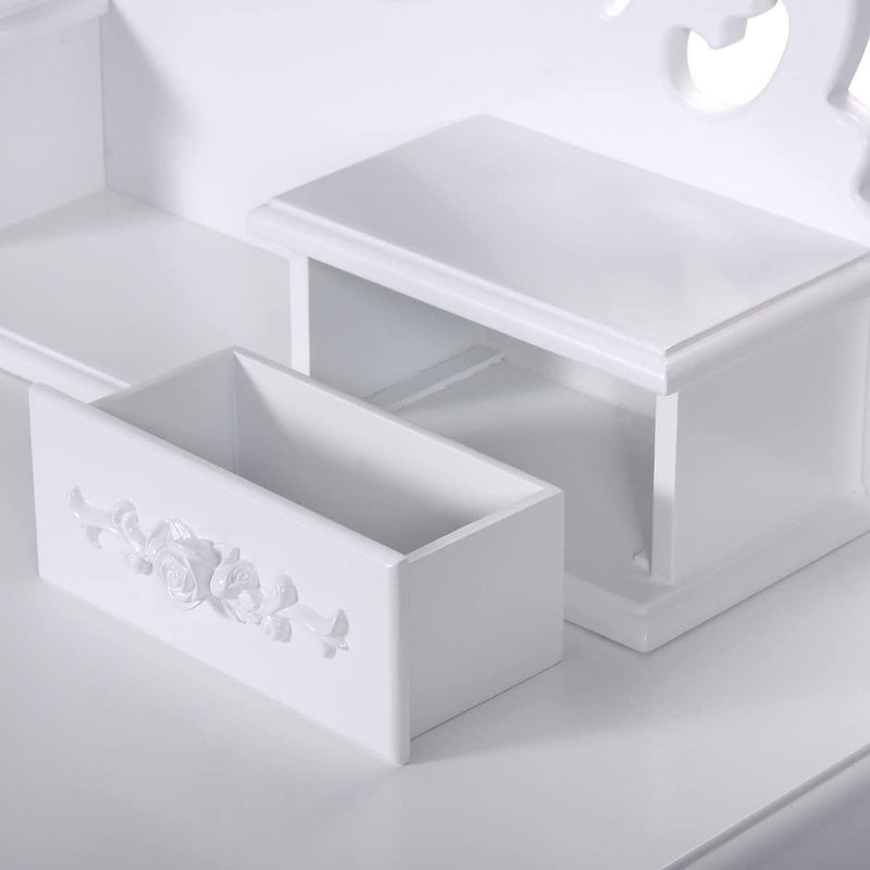 Kaptafel set met spiegel voor make-up Moderne kussens Bank Kruk Slaapkamer Hout Stijl Meubels Top Afneembare multifunctionele schrijftafel Kaptafels voor meisjes (wit, 4 laden)