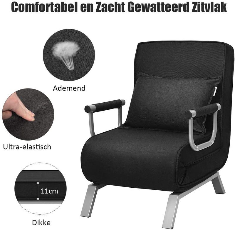 slaapbank, met 5 posities verstelbare rugleuning, opklapbare armleunstoel, gestoffeerde zitting, vrije tijd relaxfauteuil, met kussen, ideaal voor thuiskantoor (Zwart)