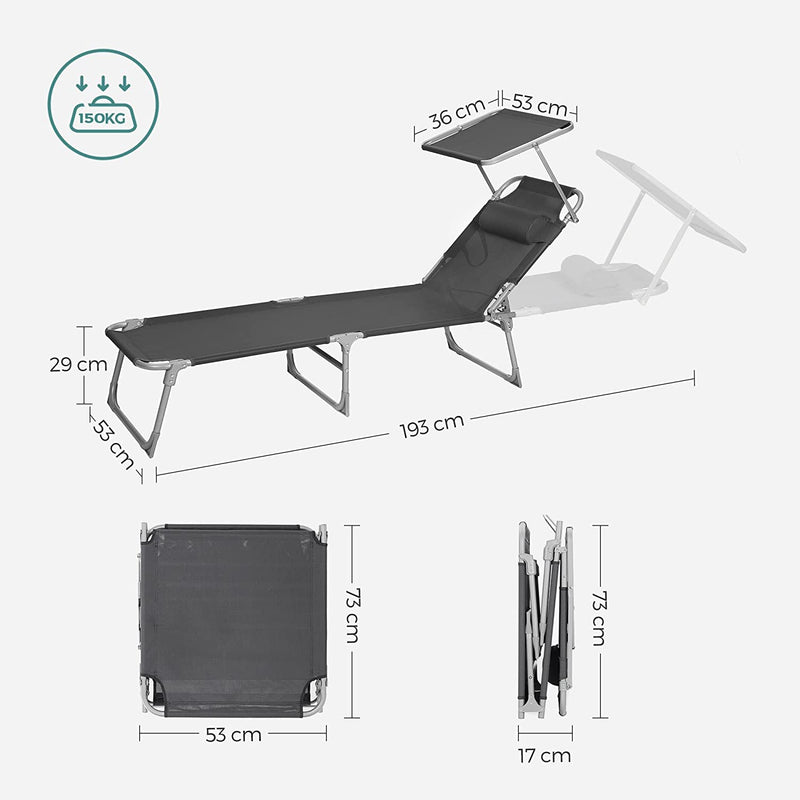 Ligstoel, ligstoel, tuinligstoel, met hoofdsteun en zonnedak, rugleuning verstelbaar, licht, inklapbaar, 53 x 193 x 29,5 cm, tot 150 kg belastbaar, tuin, balkon, donkergrijs GCB19UV1