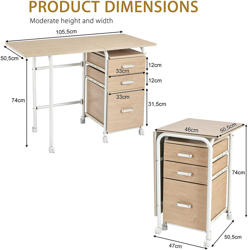 Bureau, computertafel, opvouwbaar computerbureau, met 3 uitschuifbare laden en vergrendelbare wielen, 105,5 x 50,5 x 74cm (Natuurlijk)