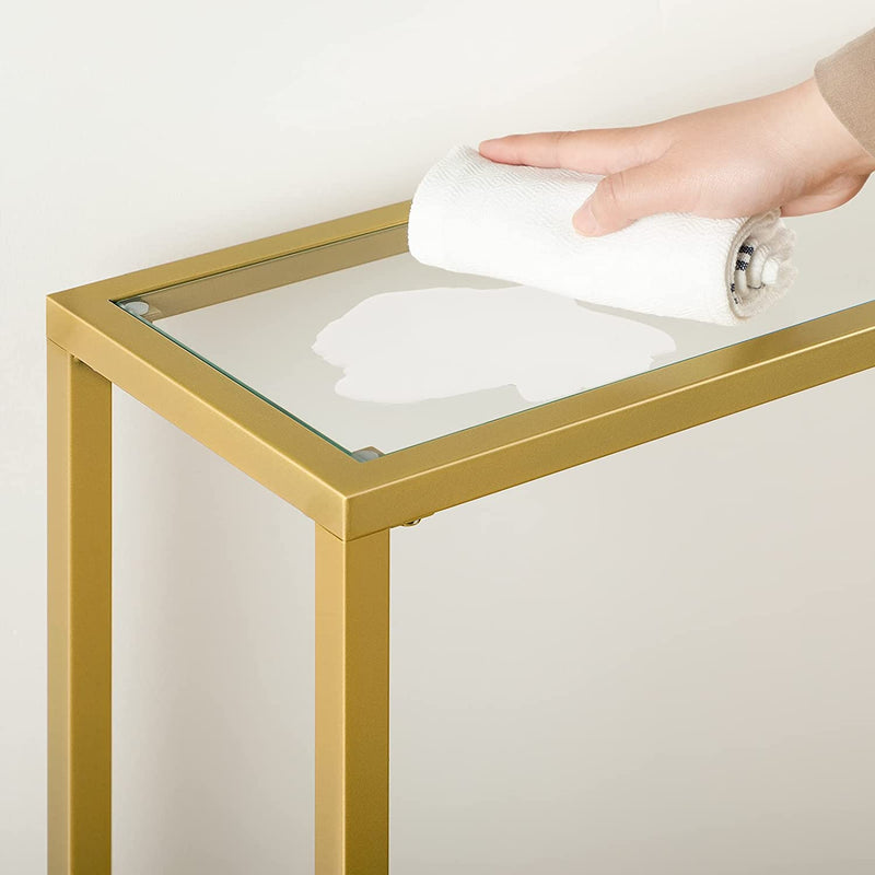 Consoletafel met planken, 120 cm bijzettafel, hardglas, ingangstafel, moderne banktafel, tentoonstellingstafel, metalen frame, voor woonkamer, hal, goudkleurig EGD05XG01