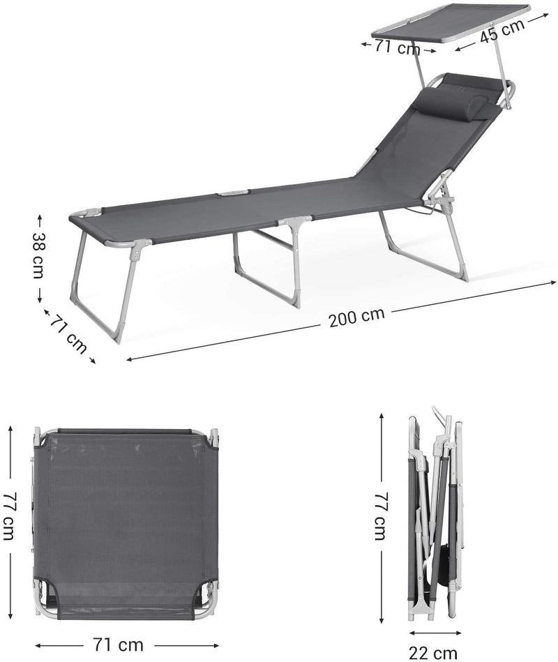 Zonnebank, ligstoel, tuinstoel, extra groot, 71 x 200 x 38 cm, belastbaar tot 150 kg, met hoofdsteun en luifel, verstelbare rugleuning, opklapbaar, tuin, antraciet GCB22GYV2