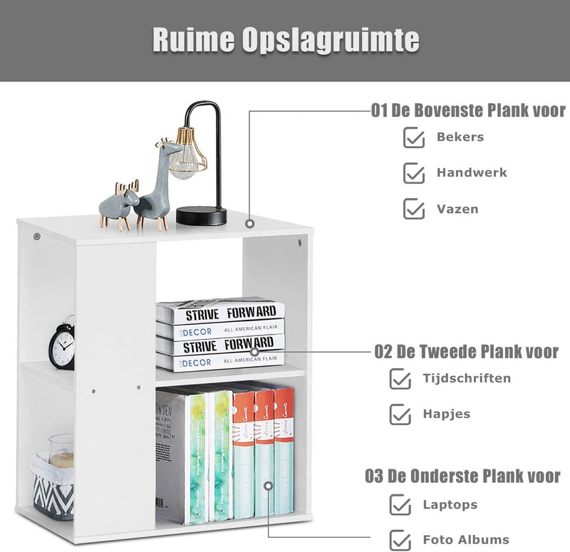 3-laagse bijzettafel, modern nachtkastje met open opbergrekken, (Wit)