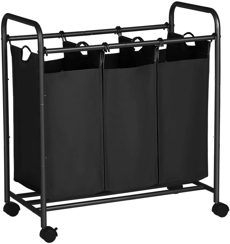 Wasmand, wasverzamelaar met 3 afneembare stoffen zakken, wasbak op wielen, wasserette, stevig, 3 x 44 liter, zwart LSF003B