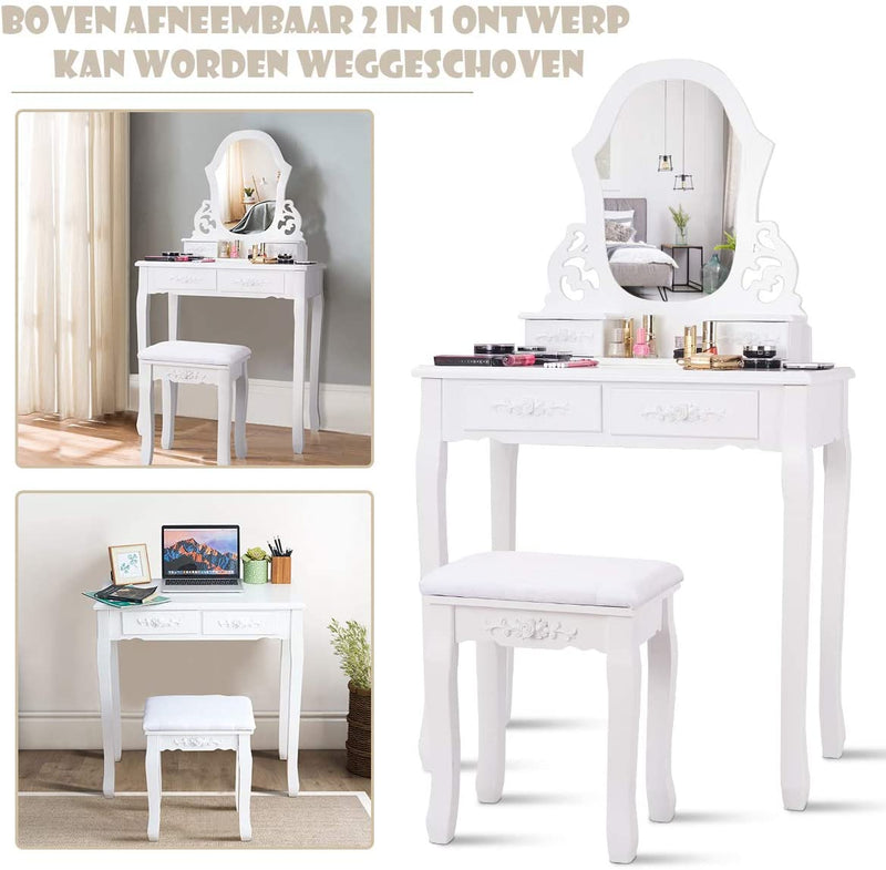 Kaptafel set met spiegel voor make-up Moderne kussens Bank Kruk Slaapkamer Hout Stijl Meubels Top Afneembare multifunctionele schrijftafel Kaptafels voor meisjes (wit, 4 laden)