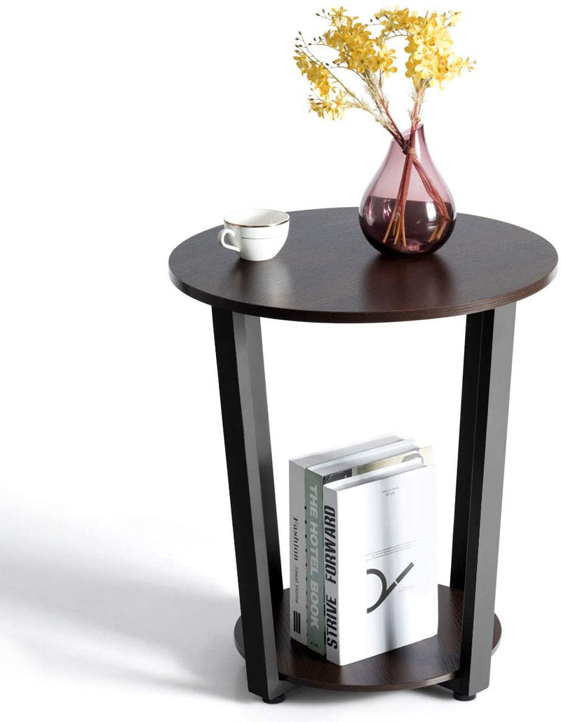 Ronde bijzettafel, 2-laags accent tafel met houten tafelblad ,eenvoudige montage (Donkerbruin)