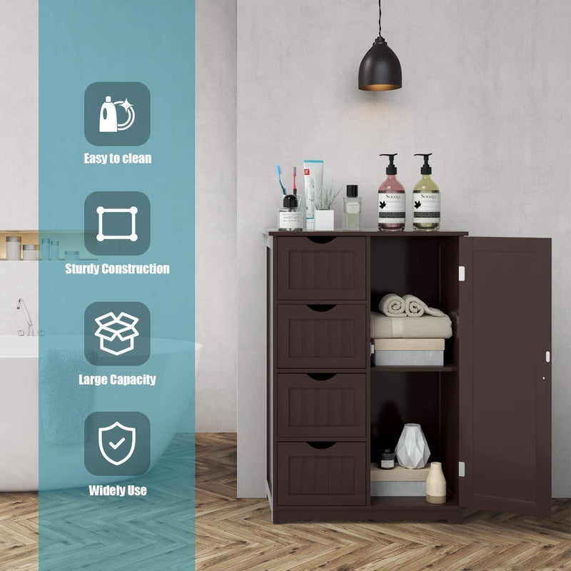 Badkamerkast vloerkast, vrijstaande badkamerkast, houten bijzetkast opbergkast met 4 laden en 1 verstelbare plank, multifunctionele, ruimtebesparende, voor ingang woonkamer slaapkamer keuken (Bruin)
