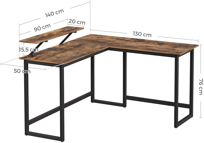 Bureau, L-vormig computerbureau met beweegbare monitorbevestiging, hoekbureau,  bruin-zwart LWD56X