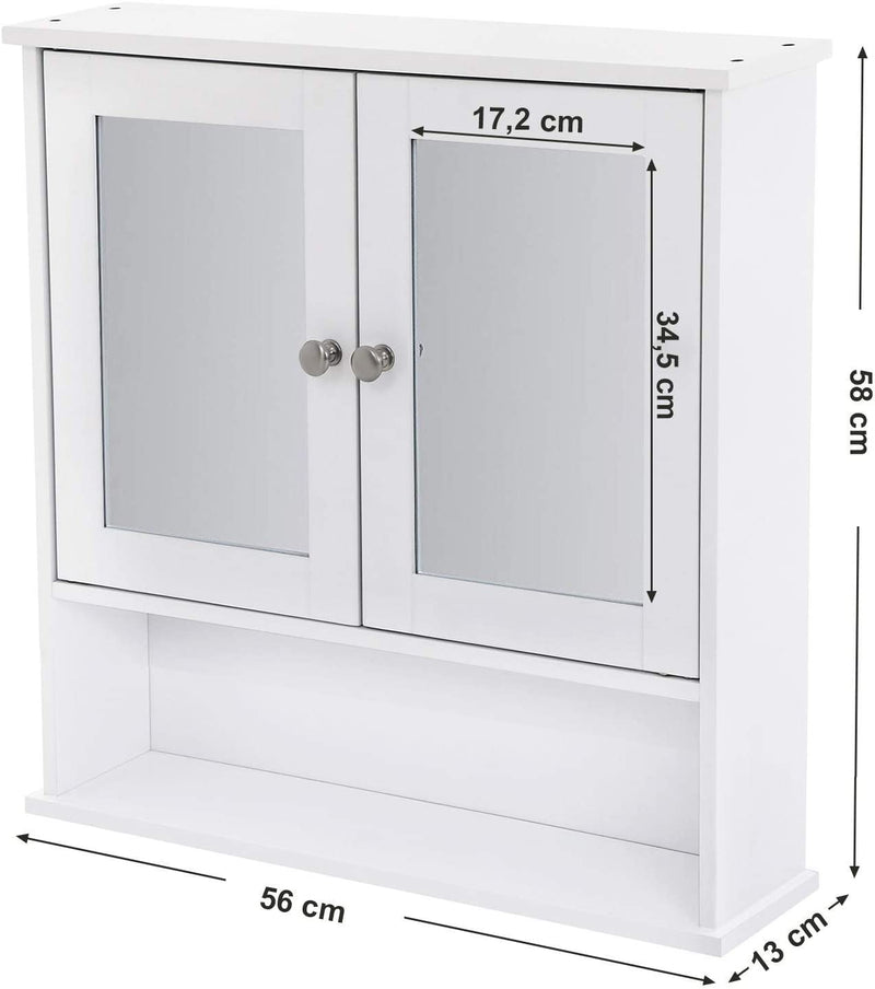 Spiegelkast, badkamerkast, hangkast, spiegel met opbergruimte van hout, 56 x 58 x 13 cm (b x h x d) cm, wit LHC002