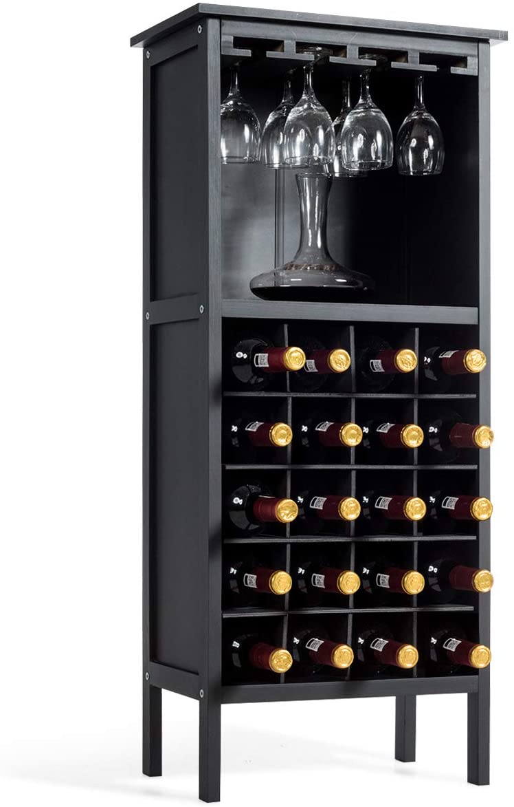 Wijnkast voor 20 flessen, wijn fles organisator opslag plank weergeven houten wijnrek met glas hanger en fles houder (Zwart)
