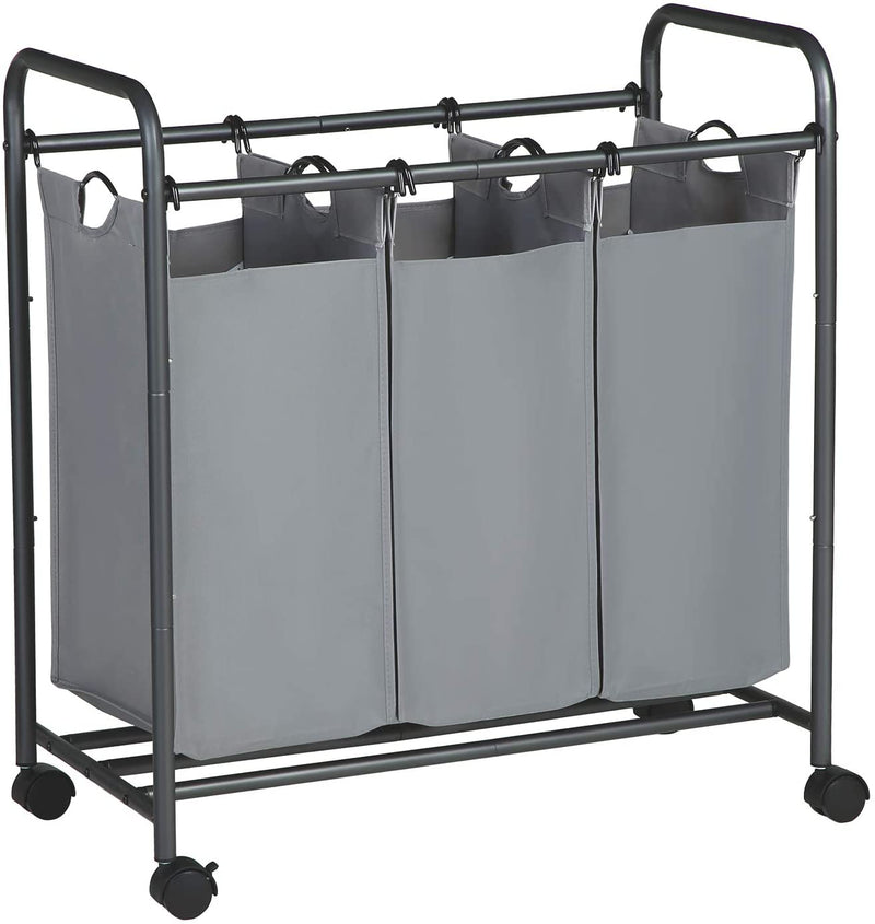 Wasmand op wielen, wassorteermachine met 3 afneembare stoffen zakken, wasverzamelaar, opbergruimte voor speelgoed, stevig, 3 x 44 liter, grijs LSF003GS