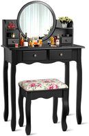 Kaptafel, kaptafel set met krukje, make-up tafel met 360° draaibare en afneembare spiegel, kaptafel met 4 lades en 2 planken (Zwart)