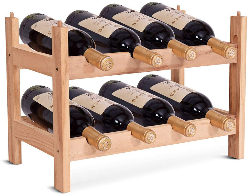 Houten Wijnrek, 2-lagen 8 flessen wijnfles houder, 100% grenen hout, golf ontwerp, glad oppervlak, stapelbare aanrecht wijn organisator voor keuken, cafe, bar, eetkamer (8-flessen)
