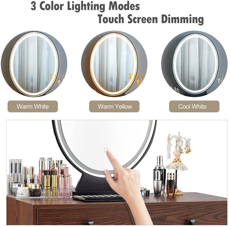 Kaptafel met verlichte spiegel, aanrakingsscherm spiegel met 3 kleuren, make-up tafel met gedempte kruk en cosmetische opslag organisator, geschikt voor woonkamer en slaapkamer (Walnoot)