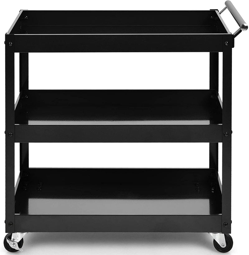 Keukentrolley met 3 lagen, stevige serveerwagen met veel opbergruimte en handvat, multifunctionele wagen met wielen, keukenwagen voor kantoor, garage, magazijn, werkplaats, 76 x 38 x 79 cm (Zwart)