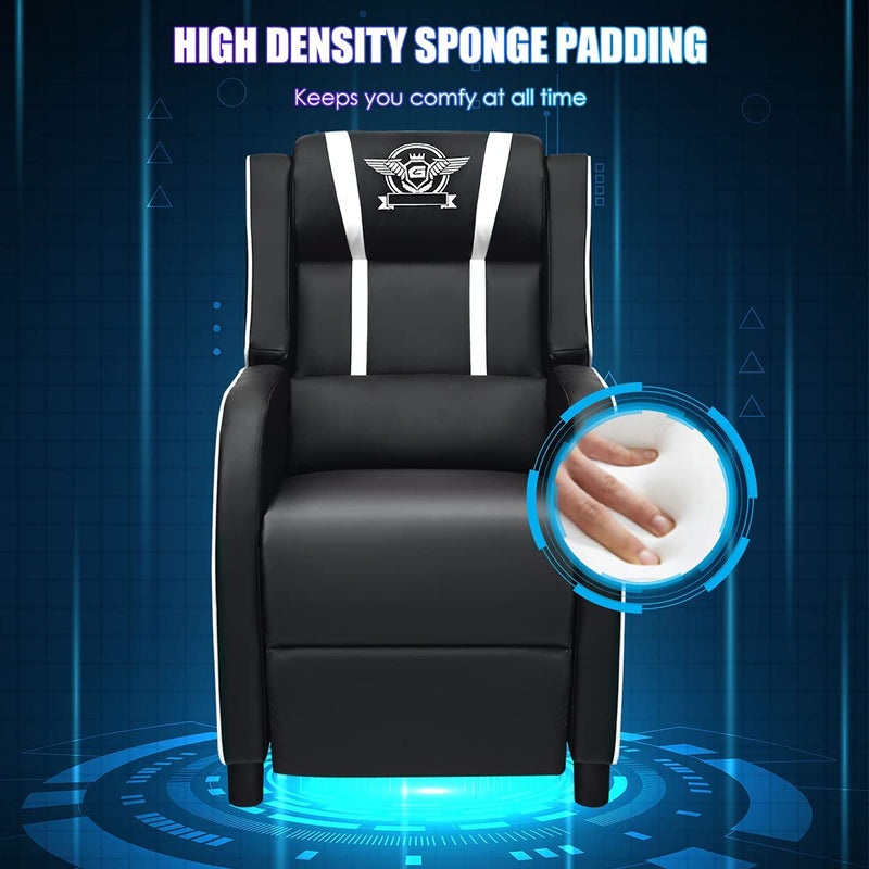 Gaming leunstoel fauteuil, PU lederen enkele leunstoel relaxstoel, verstelbare moderne woonkamer ligstoel, televisiestoel met voetsteun en lumbaal kussen, thuisbioscoop zittingen (Wit)