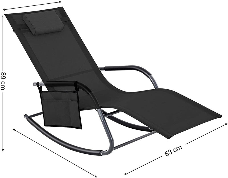Tuinstoel, ligstoel, schommelstoel met hoofdsteun en zijvak, ijzeren frame, kunstvezelstof, ademend, comfortabel, belastbaar tot 150 kg, zwart GCB23BKV1