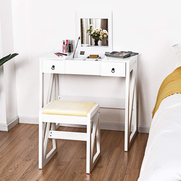 Kaptafel met opklapbare spiegel,  make-up kaptafel, bureau met dempende make-up krukset, 2 lades
