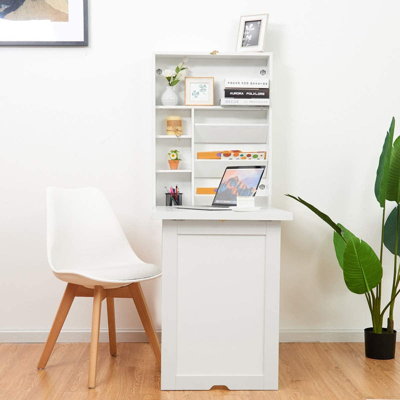 Muur gemonteerde tafel, uitklapbare multifunctionele computer bureau, converteerbare bureau schrijftafel thuiskantoor hout converteerbare bureautafel, grote opslagruimte (Wit)