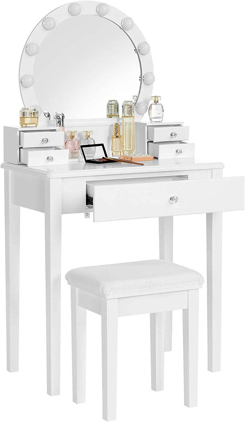 kaptafel met spiegel, make up tafel met 10 dimbare lampen,kruk, 5 laden, 70 x 40 x 134 cm, wit RDT151W01