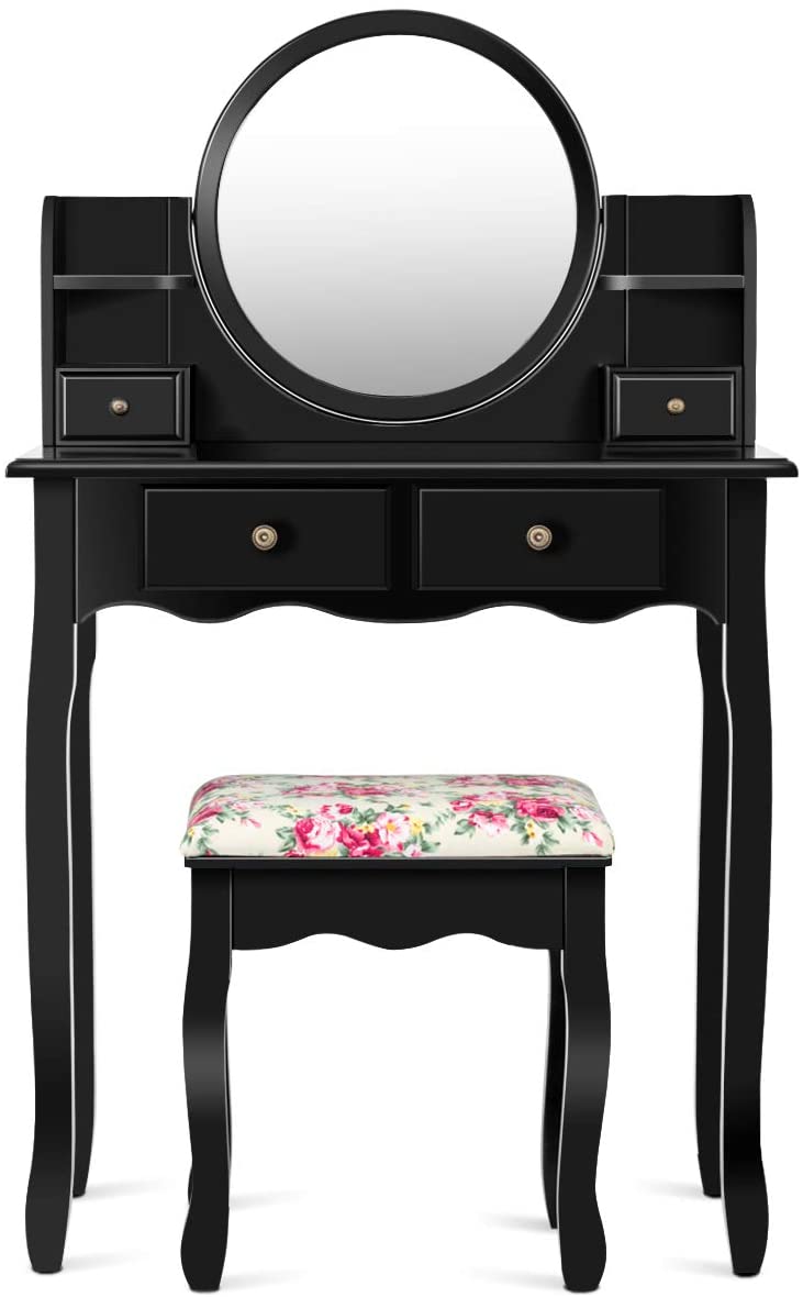 Kaptafel, kaptafel set met krukje, make-up tafel met 360° draaibare en afneembare spiegel, kaptafel met 4 lades en 2 planken (Zwart)