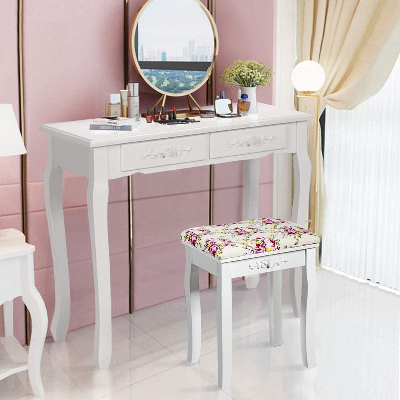 Houten kruk voor kaptafel, gewatteerde make-up kruk met roze kussen massief grenen poten, comfortabele zachte stoel voor slaapkamer, 100 kg gewichtscapaciteit (Wit)