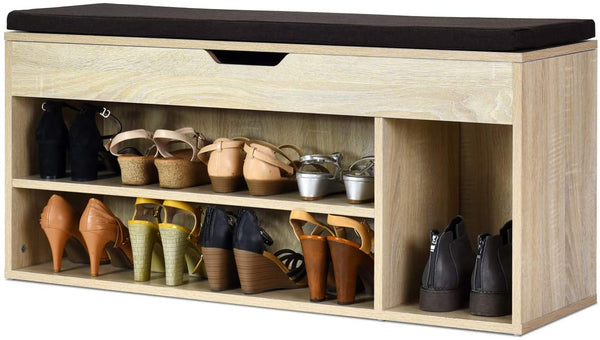 Schoenenbank, houten schoenen opbergbank met kussen, schoenenrek bank met opheffen bovenste compartiment, 104 x 30 x 48cm (Natuurlijk)
