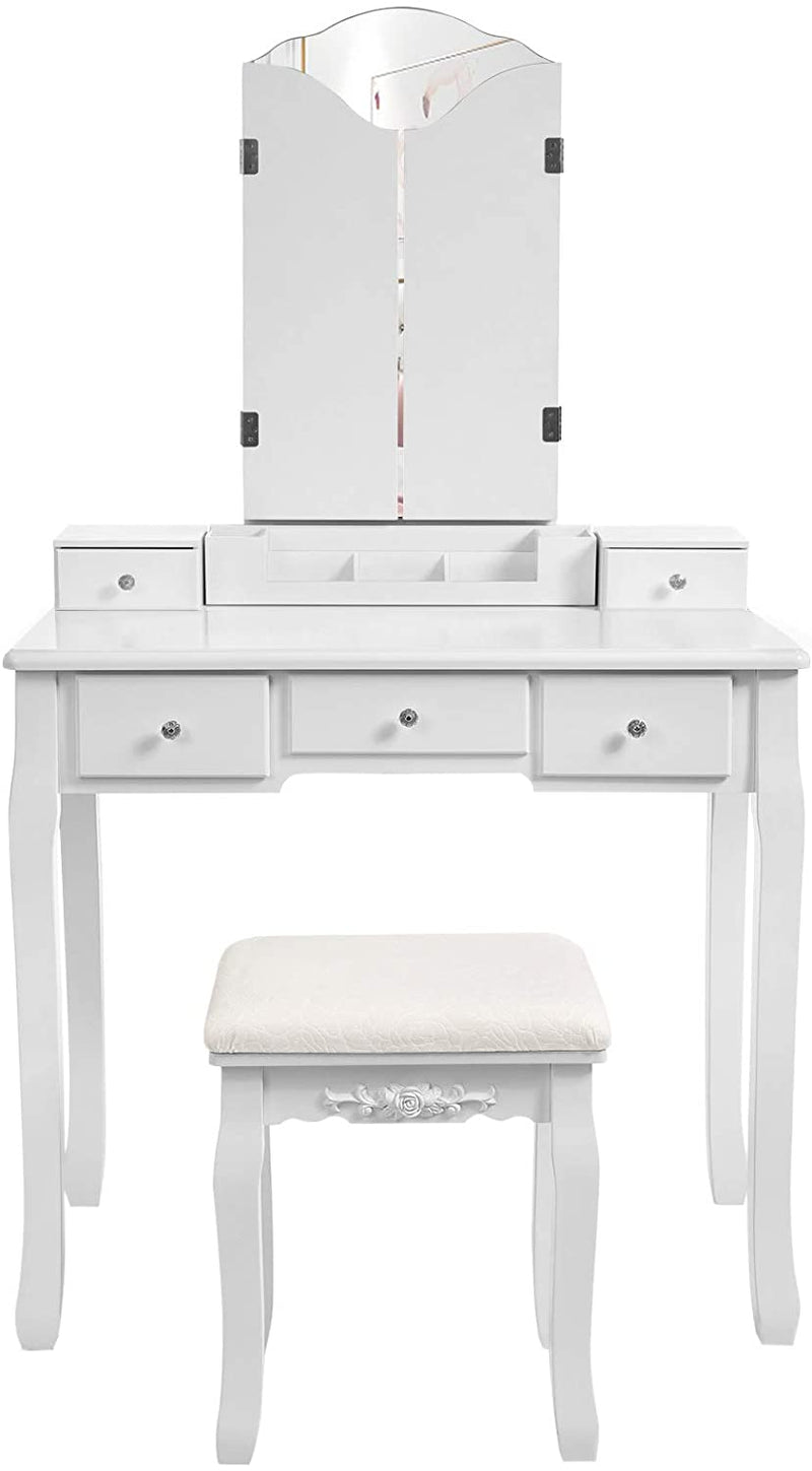 kaptafel met opklapbare spiegel en 5 laden, cosmetische tafel met uitneembare make-up organizer, met krukje, wit RDT28WT