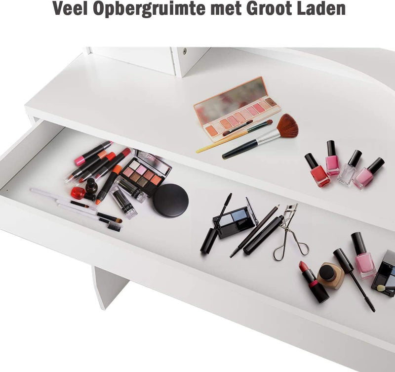 Kaptafel, make-up tafel met spiegel en kruk, houten kaptafel, kaptafel met 3 laden