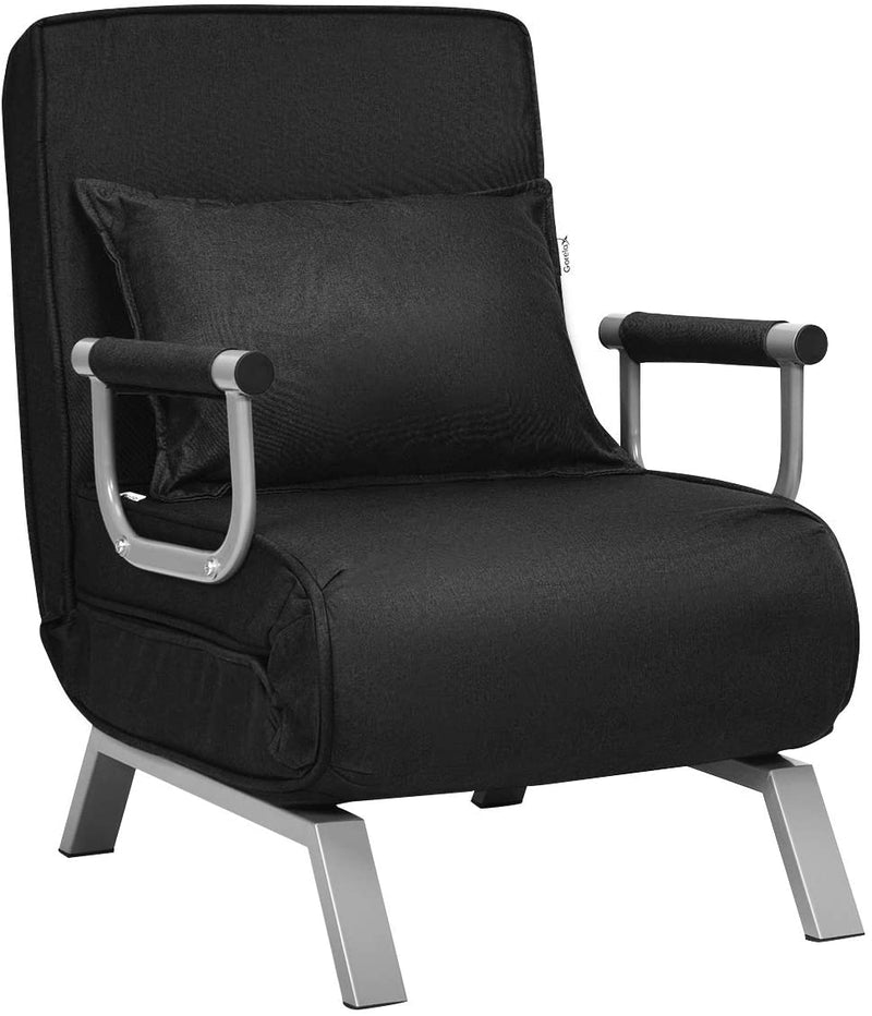 slaapbank, met 5 posities verstelbare rugleuning, opklapbare armleunstoel, gestoffeerde zitting, vrije tijd relaxfauteuil, met kussen, ideaal voor thuiskantoor (Zwart)