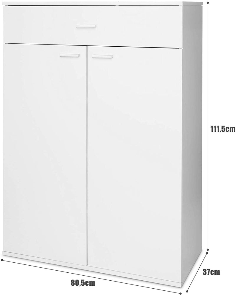 opbergkast, moderne kast, 3 laags schoenenrek met 2 deuren aan de voorzijde, opslag plank met 1 lade, voor hal, entree, woonkamer, badkamer, kast voor keuken, wit