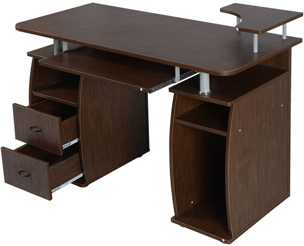computertafel bureau, kantoortafel, werktafel, PC-tafel met toetsenbordlade, laden, printerplank, 120 x 55 x 85cm (Bruin)