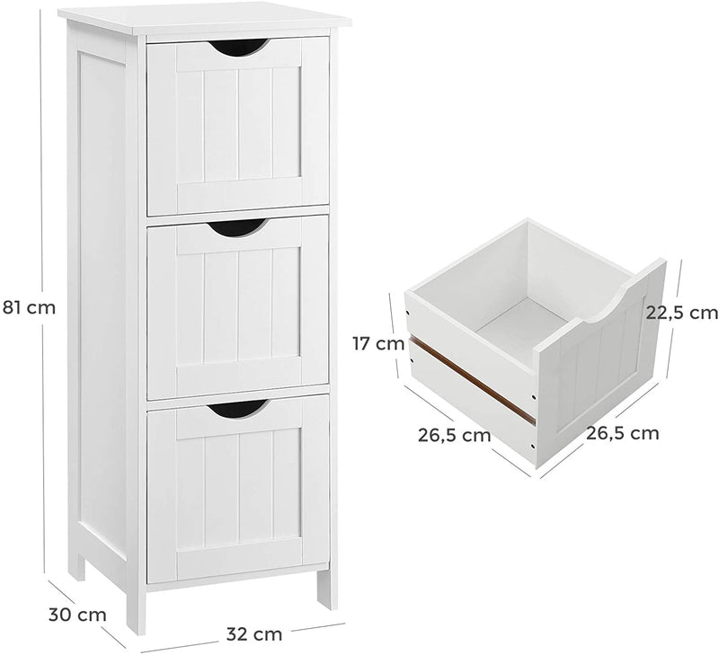 badkamerkast, opbergkast, smal badkamermeubel met 3 lades, 32 x 30 x 81 cm, badkamer, woonkamer, slaapkamer, keuken, Scandinavische stijl, mat wit BBC50WT