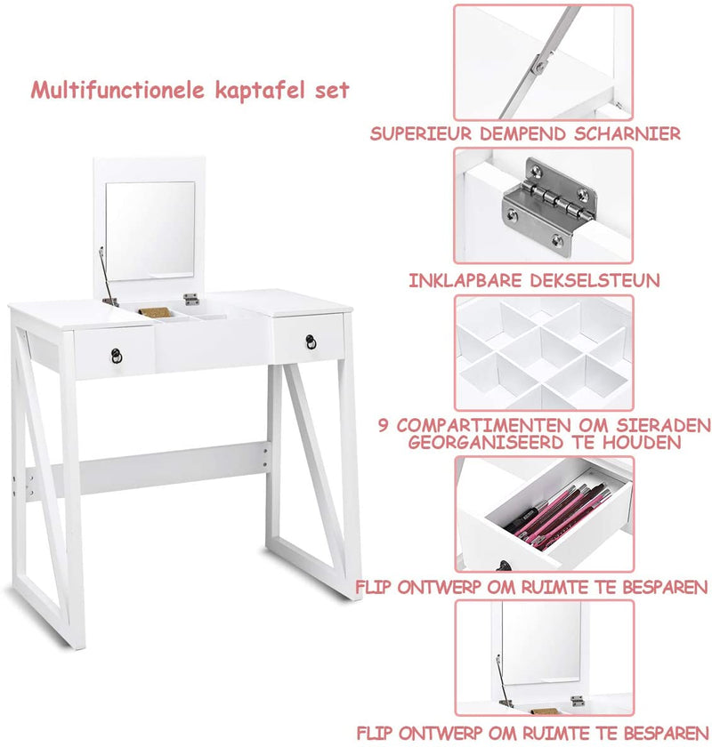 Kaptafel met opklapbare spiegel,  make-up kaptafel, bureau met dempende make-up krukset, 2 lades