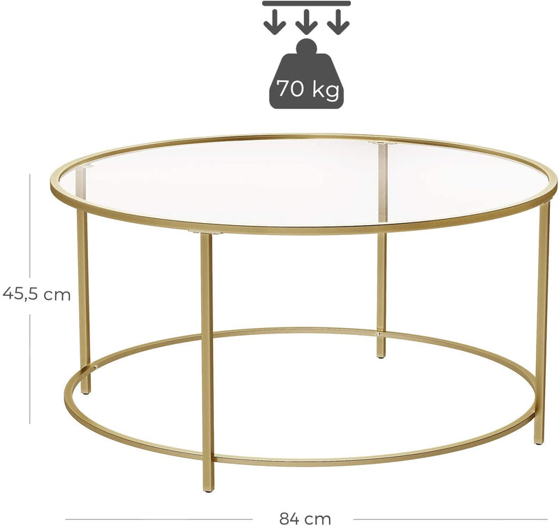 Bijzettafel rond, salontafel, glazen tafel met metalen frame, gehard glas, nachtkastje, sofatafel, voor balkon, goud LGT21G