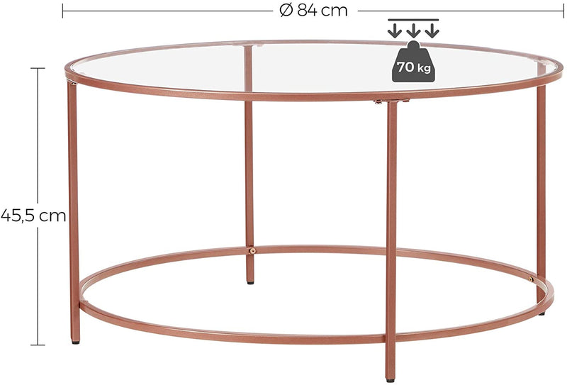 Bijzettafel Rond, Salontafel, Glazen Tafel met Metalen Frame, Gehard Glas, Nachtkastje, Sofa Tafel, voor Balkon, Rose Goud LGT021A02