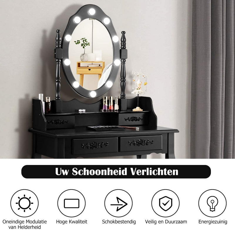 Kaptafel met ovale spiegel en 10 dimbare LED-lampen, klassieke make up tafel met 4 opberg lades in verschillende maten, stabiel schoonheidsstation in grenen houten poot en antislip pootdop (Zwart)