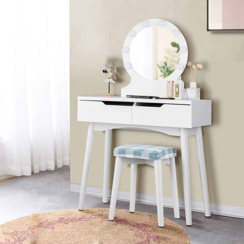Kaptafel met 8 LED-lampen en aanraakschakelaar regelbare helderheid, kaptafel met spiegel, make-up tafel met 2 schuifladen, grote ronde spiegel, gedempte kruk, voor slaapkamer (Wit)
