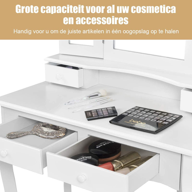make-up tafel set met drie vouwen spiegel & gedempte kruk, kaptafel met vier lades,  (Wit)