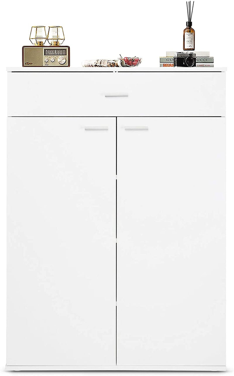 opbergkast, moderne kast, 3 laags schoenenrek met 2 deuren aan de voorzijde, opslag plank met 1 lade, voor hal, entree, woonkamer, badkamer, kast voor keuken, wit