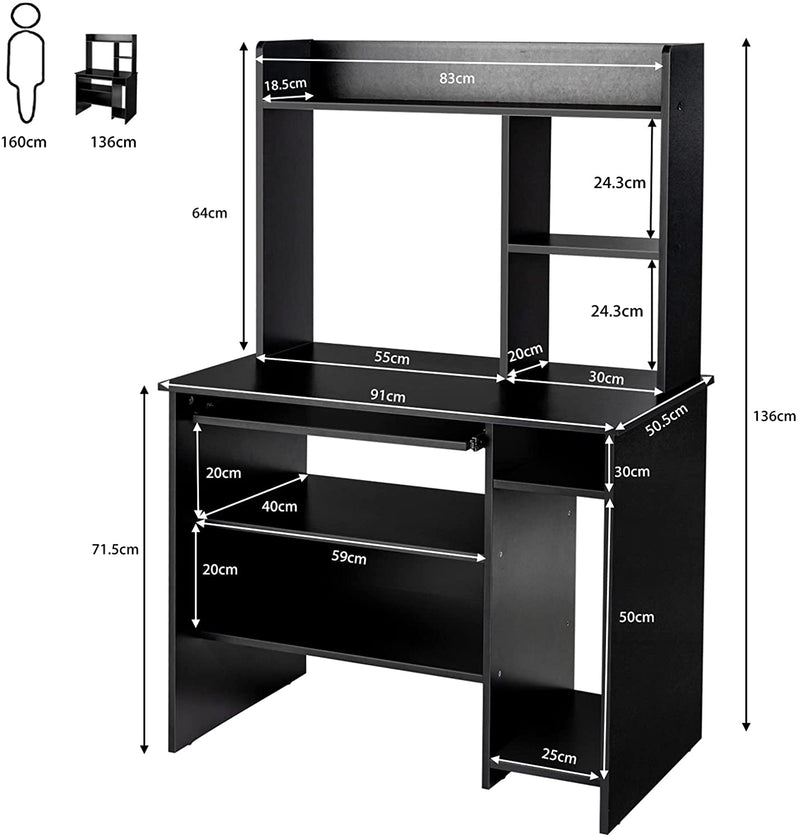 Computer bureau, laptop bureau tafel werkstation studie schrijven kantoormeubilair met toetsenbord lade, twee boekenplank, moderne hout multifunctionele PC student bureau (Zwart)