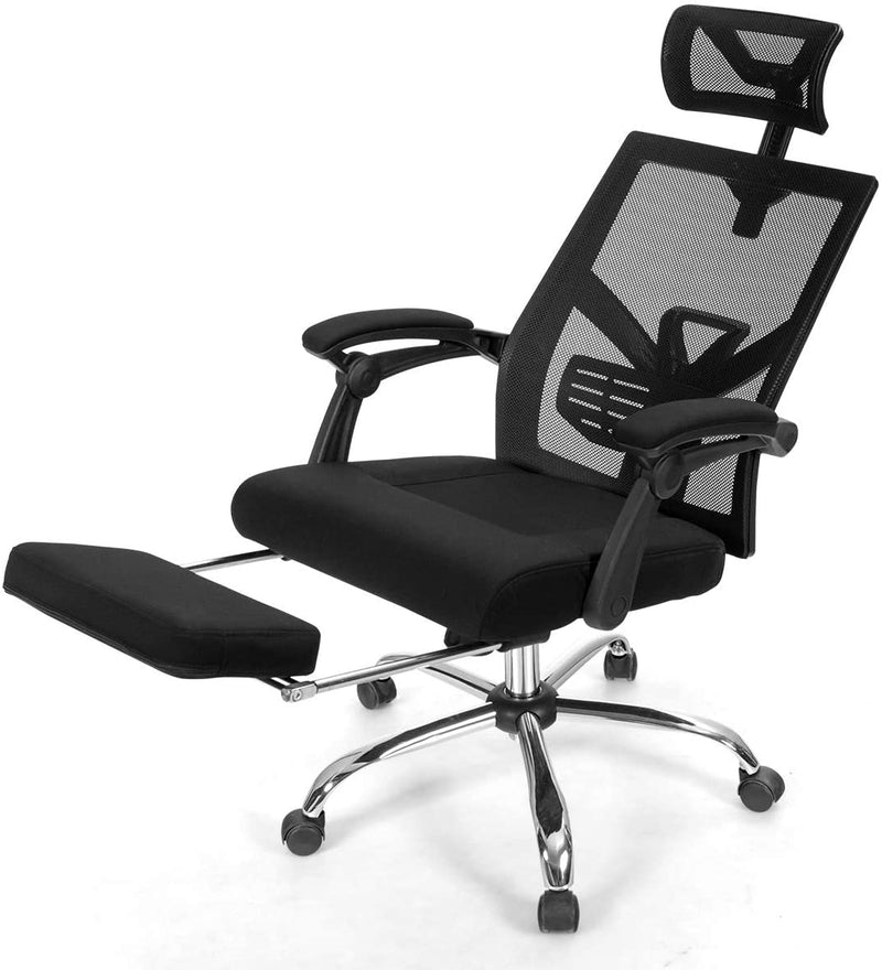 Computer bureaustoel, ergonomische bureaustoel draaistoel met lendesteun, in hoogte verstelbare zitting, hoofdsteun, ademend gaas, zacht schuim zitkussen, intrekbare voetsteun, voor kantoor en thuis