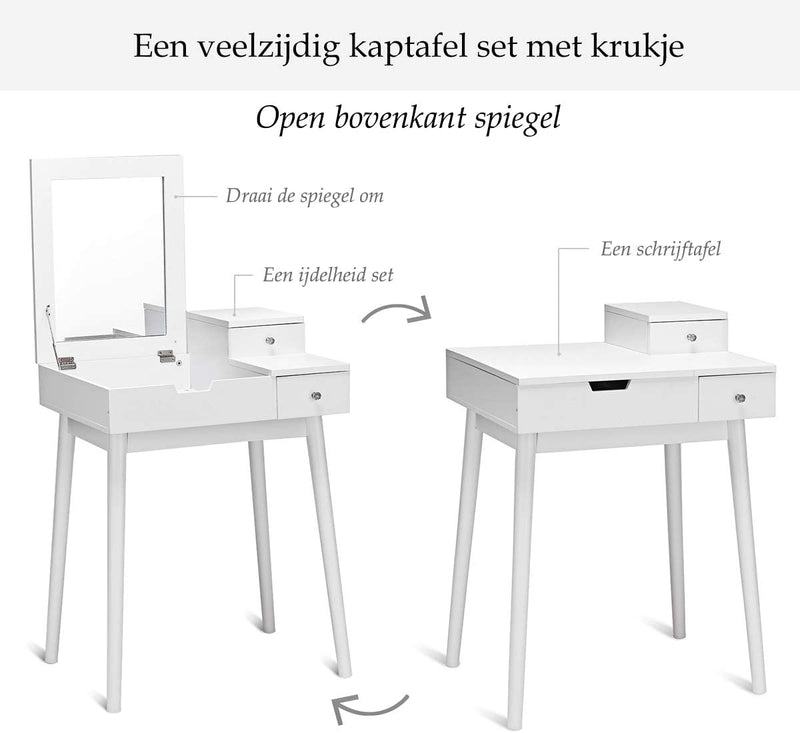 Kaptafel Set, Kaptafel met Draaibare Bovenkant Spiegel, Verborgen compartiment en twee laden, woonkamer slaapkamer opslag organisator, Make-up tafel met zachte gewatteerde kruk